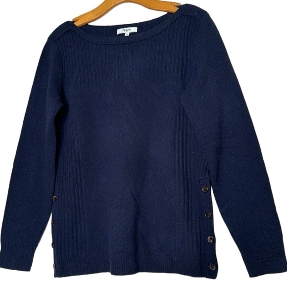 Madewell Pinewood Side Buttons 100% Merino Wool Pullover Sweater Navy Blue Med - Picture 3 of 13